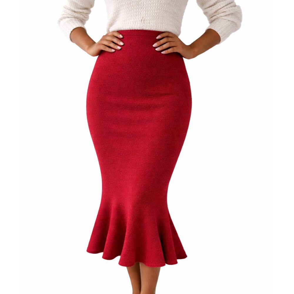 XOXO- Women's Fishtail Hem Knit Pencil Midi Skirt